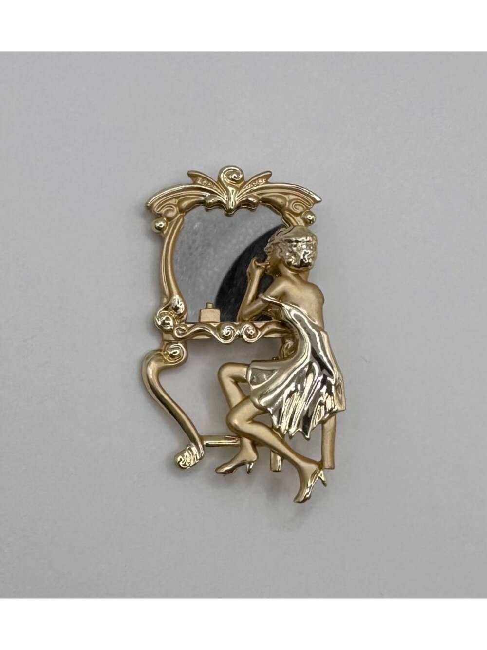 AJC Lady Vanity Mirror Brooch Gold Tone Real Mirror Woman Pin Figural
